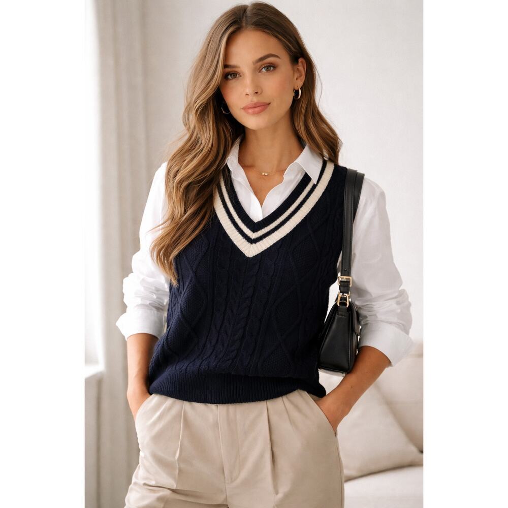 Glassworks Navy & Ivory Varsity Trim Sweater Vest in S/M Preppy Academia